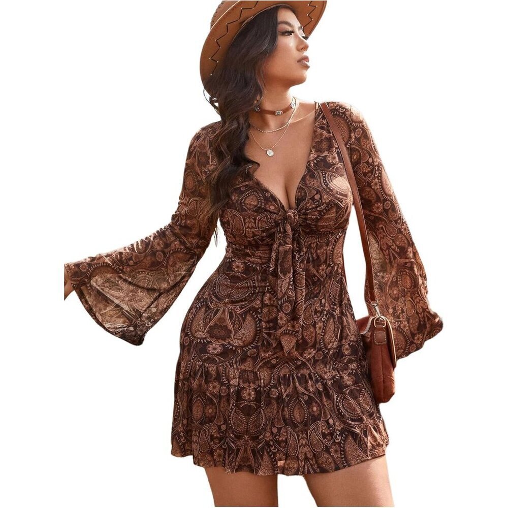 Women’s Plus Size Paisley Print V Neck Boho Dress Short Bell Sleeve